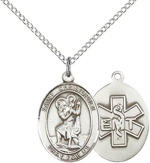 Medium Women's Pewter Saint St. Christopher EMT Pendant Necklace on 18- inch Rhodium- Plated Lite Curb Brass Chain – Patron Saint St. of Travelers/Motorists – ¾ x ½ Medal, Catholic Medal – Velvet Gift Box Included