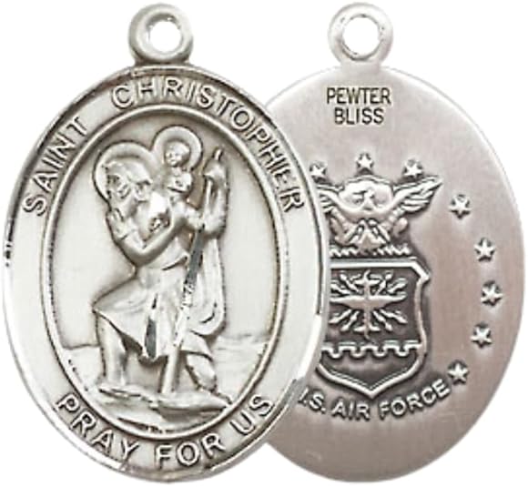 Medium Women's Pewter Saint St. Christopher Air Force Pendant Necklace on 18- inch Rhodium- Plated Lite Curb Brass Chain – Patron Saint St. of Travelers/Motorists – ¾" x ½" Medal, Catholic Medal – Velvet Gift Box Included