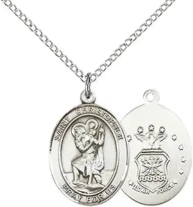 Medium Women's Pewter Saint St. Christopher Air Force Pendant Necklace on 18- inch Rhodium- Plated Lite Curb Brass Chain – Patron Saint St. of Travelers/Motorists – ¾" x ½" Medal, Catholic Medal – Velvet Gift Box Included