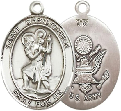 Medium Women's Pewter Saint St. Christopher Army Pendant Necklace on 18- inch Rhodium- Plated Lite Curb Brass Chain – Patron Saint St. of Travelers/Motorists – ¾ x ½ Medal, Catholic Medal – Velvet Gift Box Included