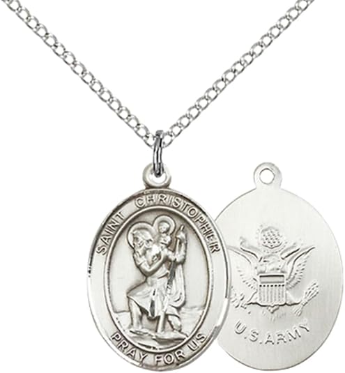 Medium Women's Pewter Saint St. Christopher Army Pendant Necklace on 18- inch Rhodium- Plated Lite Curb Brass Chain – Patron Saint St. of Travelers/Motorists – ¾ x ½ Medal, Catholic Medal – Velvet Gift Box Included