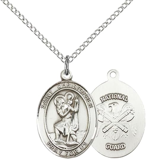 Medium Women's Pewter Saint St. Christopher National Guard Pendant Necklace on 18- inch Rhodium- Plated Lite Curb Brass Chain – Patron Saint St. of Travelers/Motorists – ¾" x ½" Medal, Catholic Medal – Velvet Gift Box Included