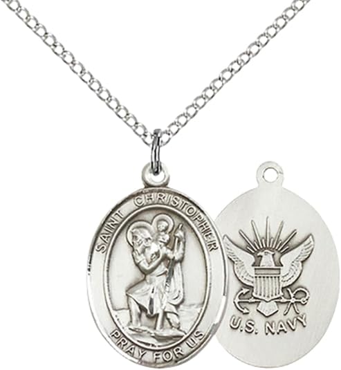 Medium Women's Pewter Saint St. Christopher Navy Pendant Necklace on 18- inch Rhodium- Plated Lite Curb Brass Chain – Patron Saint St. of Travelers/Motorists – ¾ x ½ Medal, Catholic Medal – Velvet Gift Box Included