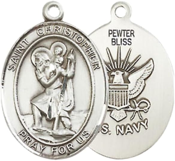 Medium Women's Pewter Saint St. Christopher Navy Pendant Necklace on 18- inch Rhodium- Plated Lite Curb Brass Chain – Patron Saint St. of Travelers/Motorists – ¾ x ½ Medal, Catholic Medal – Velvet Gift Box Included