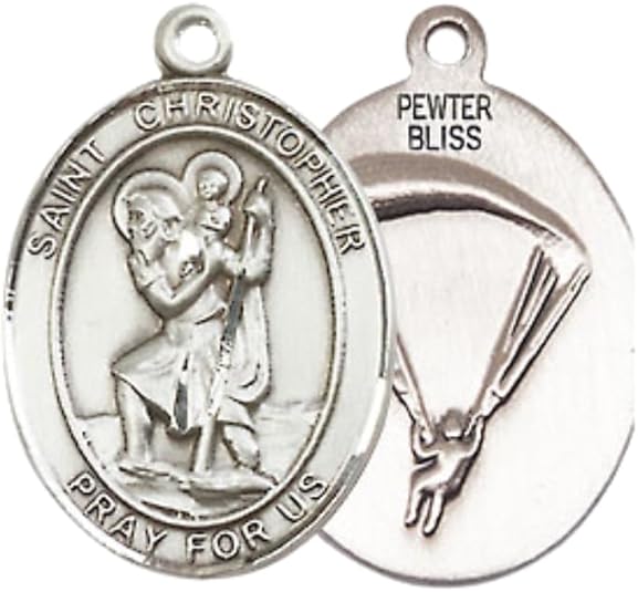 Medium Women's Pewter Saint St. Christopher Paratrooper Pendant Necklace on 18- inch Rhodium- Plated Lite Curb Brass Chain – Patron Saint St. of Travelers and Motorists – ¾" x ½" Medal, Catholic Medal – Velvet Gift Box Included