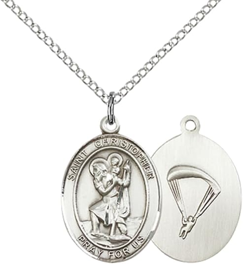 Medium Women's Pewter Saint St. Christopher Paratrooper Pendant Necklace on 18- inch Rhodium- Plated Lite Curb Brass Chain – Patron Saint St. of Travelers and Motorists – ¾" x ½" Medal, Catholic Medal – Velvet Gift Box Included