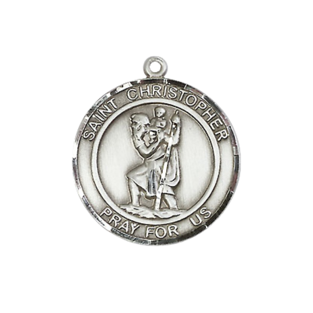 Medium Women's .925 Sterling Silver Saint St. Christopher Pendant Necklace – ¾” x ?” Medal on 18 Inch Rhodium- Plated Lite Curb Brass Chain with Lobster Clasp, Catholic Medal - Patron Saint. of Travelers & Motorists – Velvet Gift Box