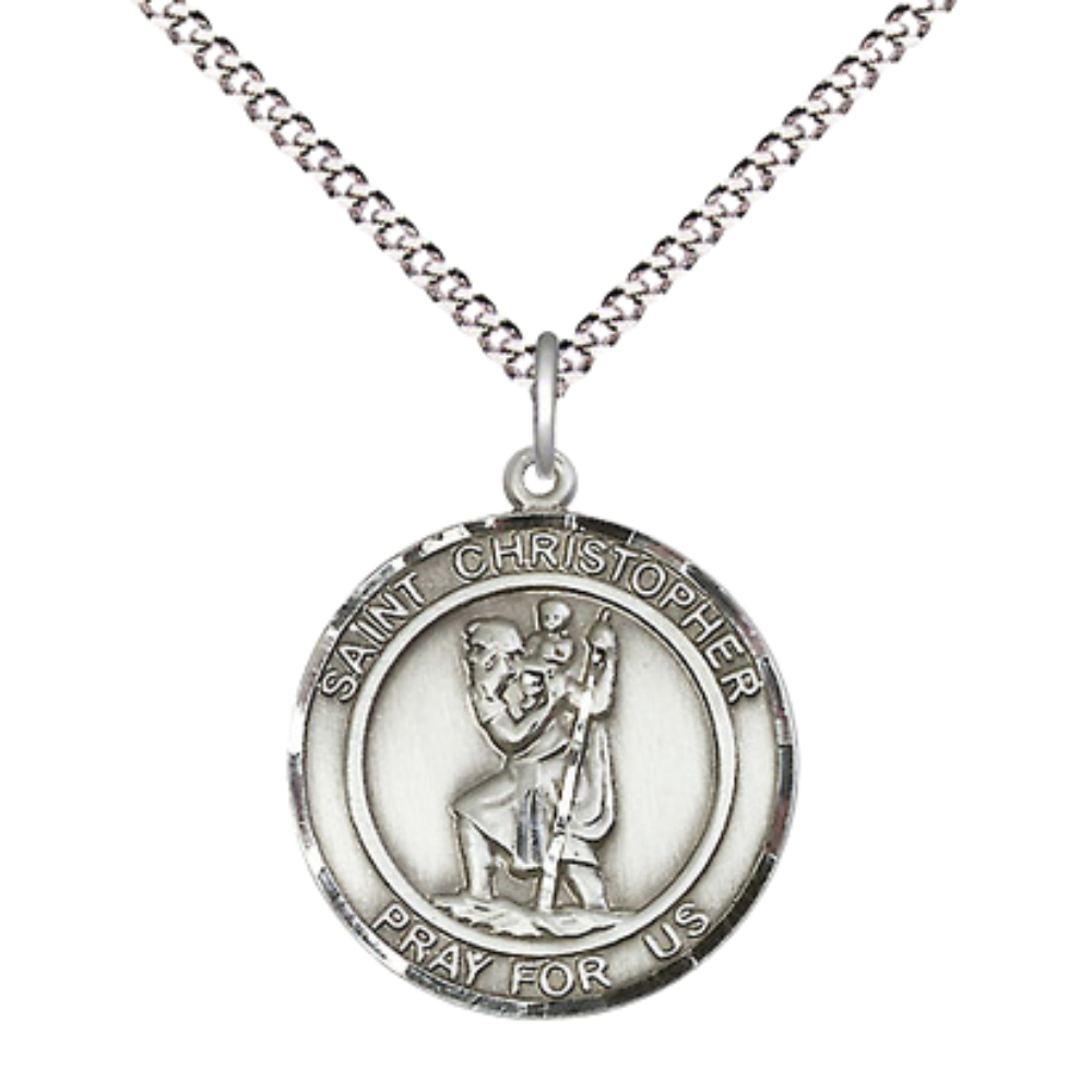 Medium Women's .925 Sterling Silver Saint St. Christopher Pendant Necklace – ¾” x ?” Medal on 18 Inch Rhodium- Plated Lite Curb Brass Chain with Lobster Clasp, Catholic Medal - Patron Saint. of Travelers & Motorists – Velvet Gift Box