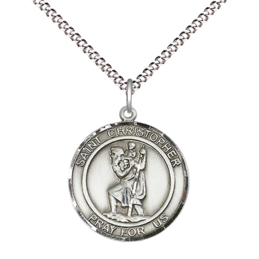 Medium Women's .925 Sterling Silver Saint St. Christopher Pendant Necklace – ¾” x ?” Medal on 18 Inch Rhodium- Plated Lite Curb Brass Chain with Lobster Clasp, Catholic Medal - Patron Saint. of Travelers & Motorists – Velvet Gift Box