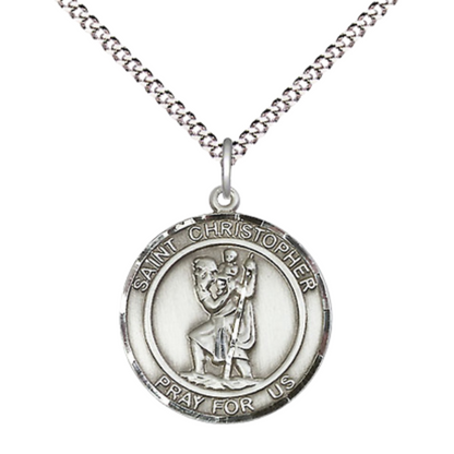 Medium Women's Pewter Saint Christopher Medal Pendant on 18 Inch Rhodium Plated Lite Curb Brass Chain w/ Lobster Claw clasp, Catholic Religious Necklace - Made in USA - Deluxe Velvet Gift Box