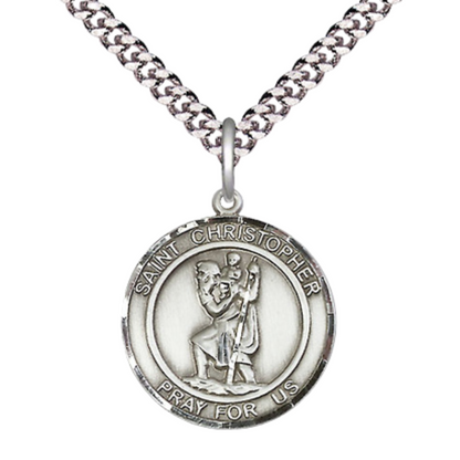 Medium Men's .925 Sterling Silver Saint St. Christopher Medal Pendant on 24 Inch Endless Rhodium Plated Heavy Curb Brass Chain, Catholic Religious Necklace - Made in USA - Deluxe Velvet Gift Box