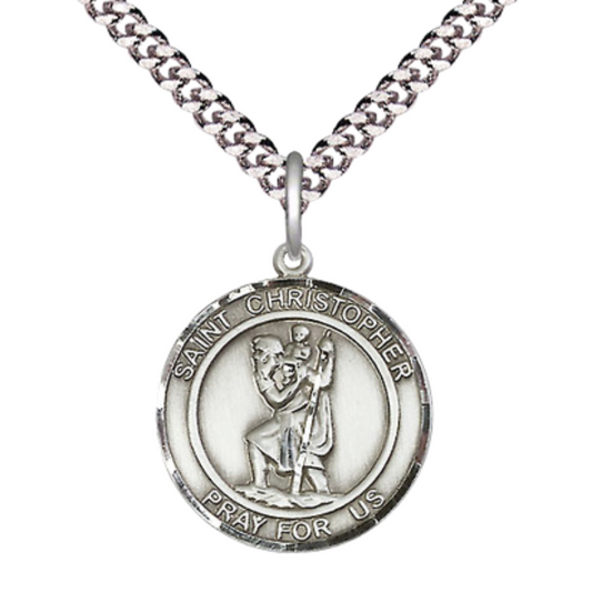 Everlasting Light Jewelry Medium Men's Pewter Saint St. Christopher Medal Pendant on 24 Inch Endless Rhodium Plated Heavy Curb Brass Chain, Catholic Religious Necklace - Made in USA- Deluxe Velvet Gift Box