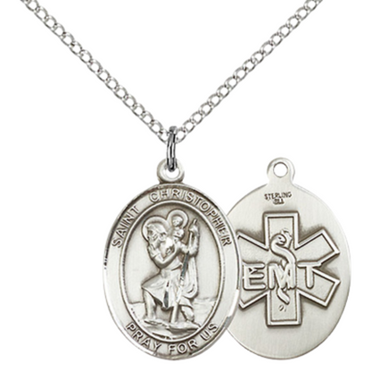 Medium Women's .925 Sterling Silver Saint St. Christopher EMT Pendant Necklace on 18- Inch Rhodium Plated Lite Curb Brass Chain – Patron Saint St. of Travelers & Motorists, Catholic Medal – Velvet Gift Box Included