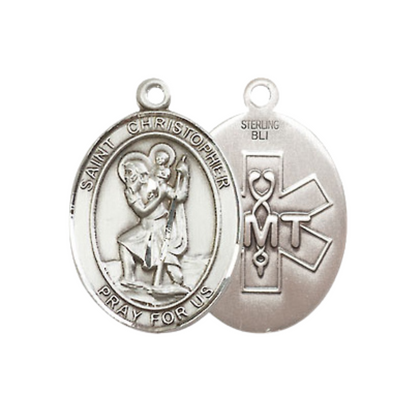 Medium Women's .925 Sterling Silver Saint St. Christopher EMT Pendant Necklace on 18- Inch Rhodium Plated Lite Curb Brass Chain – Patron Saint St. of Travelers & Motorists, Catholic Medal – Velvet Gift Box Included