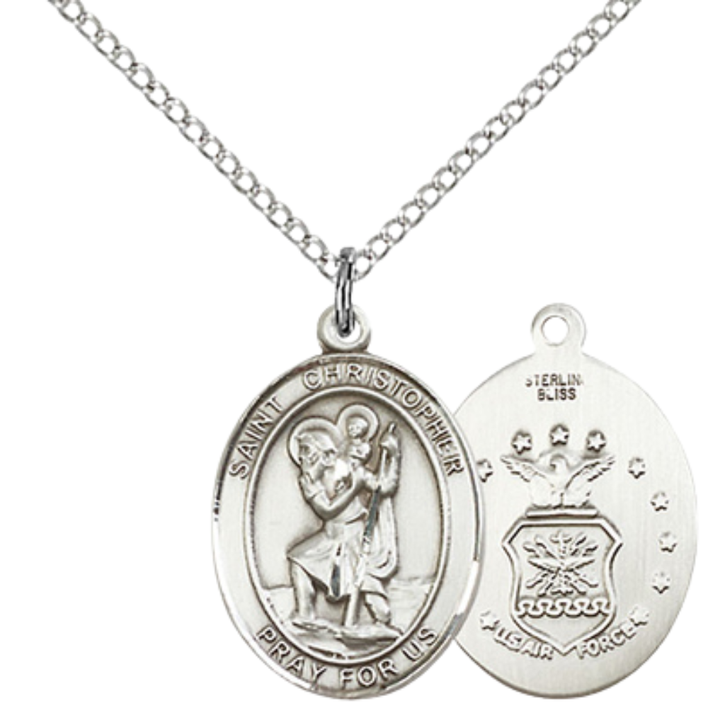 Medium Women's .925 Sterling Silver Saint St. Christopher Air Force Pendant Necklace on 18- Inch Rhodium Plated Lite Curb Brass Chain – Patron Saint St. of Travelers and Motorists, Catholic Medal – Velvet Gift Box Included