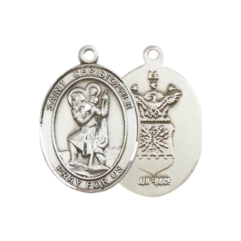 Medium Women's .925 Sterling Silver Saint St. Christopher Air Force Pendant Necklace on 18- Inch Rhodium Plated Lite Curb Brass Chain – Patron Saint St. of Travelers and Motorists, Catholic Medal – Velvet Gift Box Included
