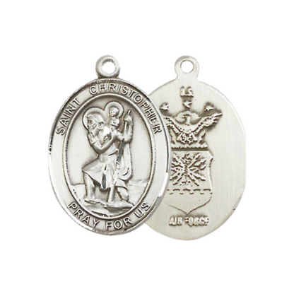 Medium Women's .925 Sterling Silver Saint St. Christopher Air Force Pendant Necklace on 18- Inch Rhodium Plated Lite Curb Brass Chain – Patron Saint St. of Travelers and Motorists, Catholic Medal – Velvet Gift Box Included