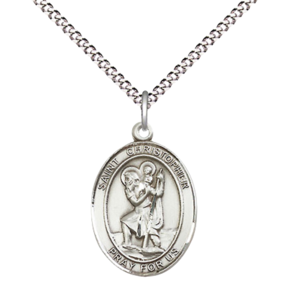 Medium Women's .925 Sterling Silver Saint St. Christopher Pendant Necklace on 18- Inch Rhodium Plated Lite Curb Brass Chain – Patron Saint St. of Travelers and Motorists, Catholic Medal – Velvet Gift Box Included