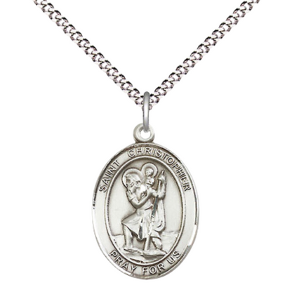 Medium Women's .925 Sterling Silver Saint St. Christopher Pendant Necklace on 18- Inch Rhodium Plated Lite Curb Brass Chain – Patron Saint St. of Travelers and Motorists, Catholic Medal – Velvet Gift Box Included