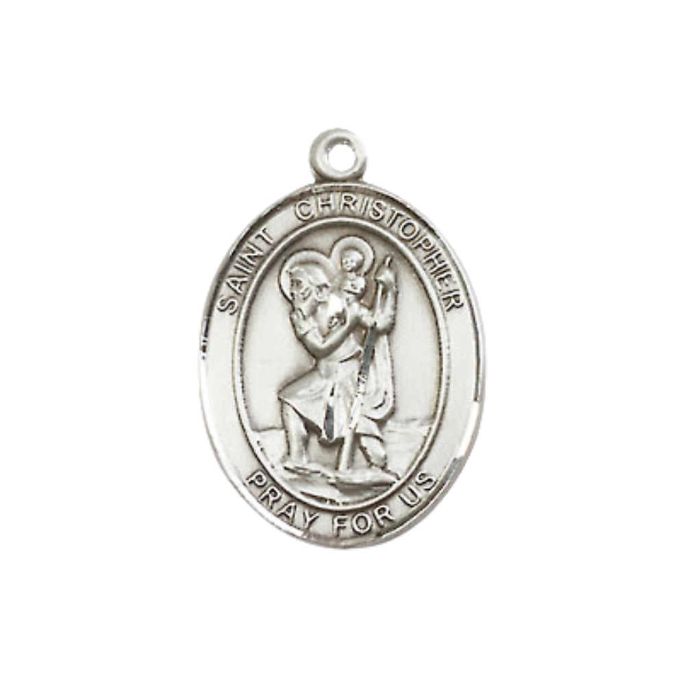 Medium Women's .925 Sterling Silver Saint St. Christopher Pendant Necklace on 18- Inch Rhodium Plated Lite Curb Brass Chain – Patron Saint St. of Travelers and Motorists, Catholic Medal – Velvet Gift Box Included