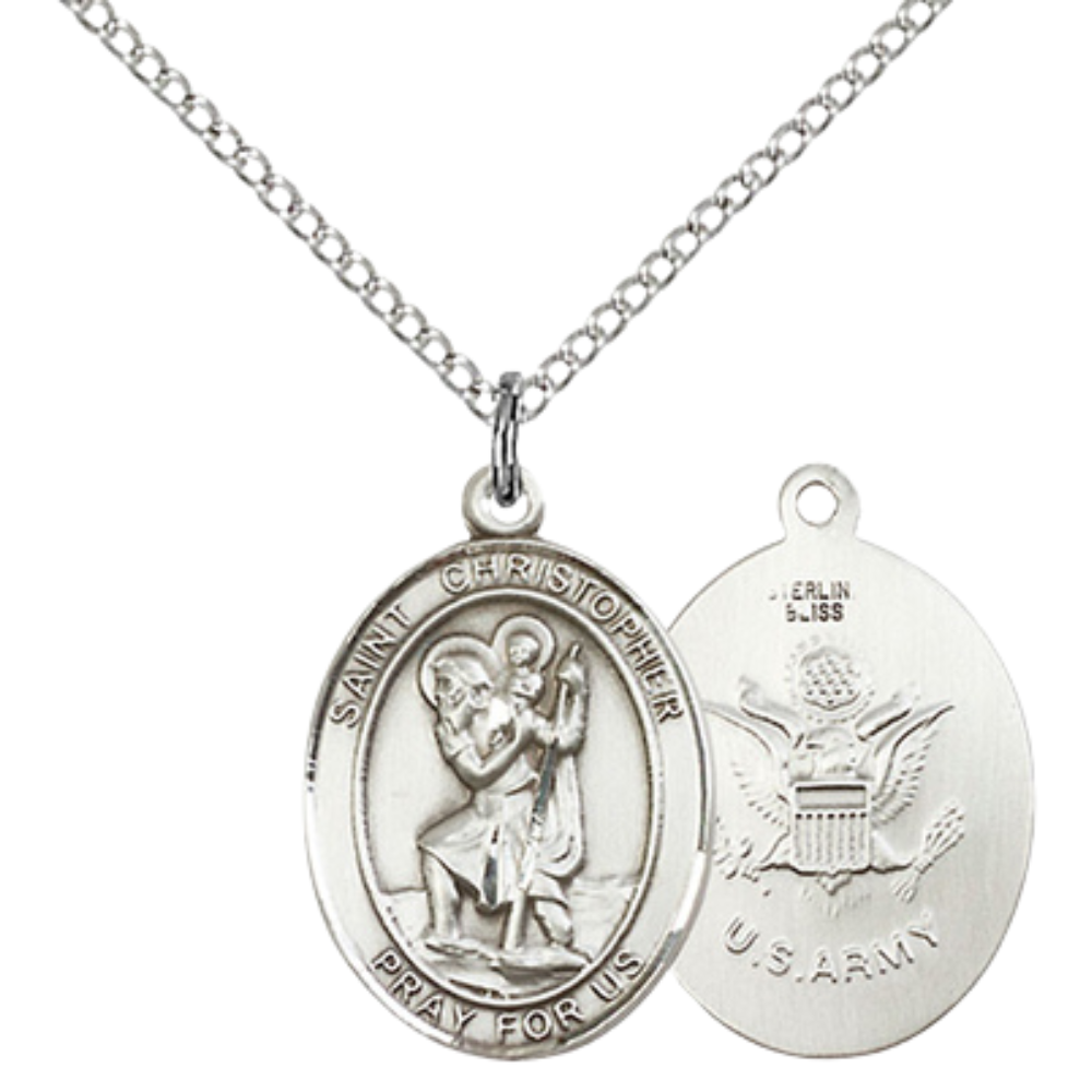 Medium Women's .925 Sterling Silver Saint St. Christopher Army Pendant Necklace on 18- Inch Rhodium Plated Lite Curb Brass Chain – Patron Saint St. of Travelers & Motorists, Catholic Medal – Velvet Gift Box Included