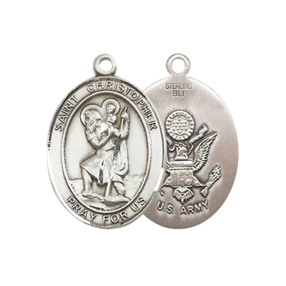 Medium Women's .925 Sterling Silver Saint St. Christopher Army Pendant Necklace on 18- Inch Rhodium Plated Lite Curb Brass Chain – Patron Saint St. of Travelers & Motorists, Catholic Medal – Velvet Gift Box Included