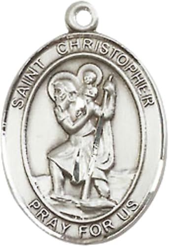 Mens Medium Oval .925 Sterling Silver Saint St. Christopher Medal Pendant on 24 Inch Rhodium Plated Heavy Curb Brass Chain w/ Lobster Claw Clasp, Catholic Religious Necklace- USA Made Gift Boxed
