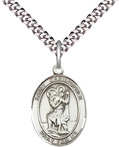 Everlasting Light Jewelry Mens Medium Oval Pewter Saint St. Christopher Medal Pendant on 24 Inch Rhodium Plated Heavy Curb Brass Chain w/Lobster Claw Clasp, Catholic Religious Necklace- USA Made Gift Boxed