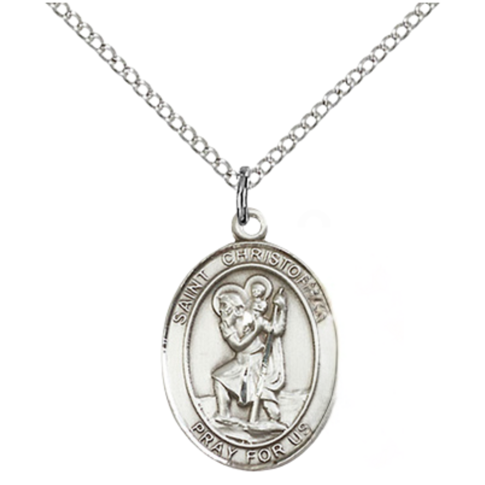 Medium Women's .925 Sterling Silver Saint St. Christopher Coast Guard Pendant Necklace on 18- Inch Rhodium Plated Lite Curb Brass Chain – Patron Saint St. of Travelers & Motorists, Catholic Medal – Velvet Gift Box Included