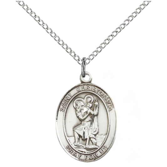 Medium Women's .925 Sterling Silver Saint St. Christopher Coast Guard Pendant Necklace on 18- Inch Rhodium Plated Lite Curb Brass Chain – Patron Saint St. of Travelers & Motorists, Catholic Medal – Velvet Gift Box Included