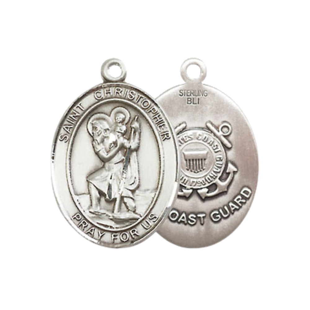 Medium Women's .925 Sterling Silver Saint St. Christopher Coast Guard Pendant Necklace on 18- Inch Rhodium Plated Lite Curb Brass Chain – Patron Saint St. of Travelers & Motorists, Catholic Medal – Velvet Gift Box Included