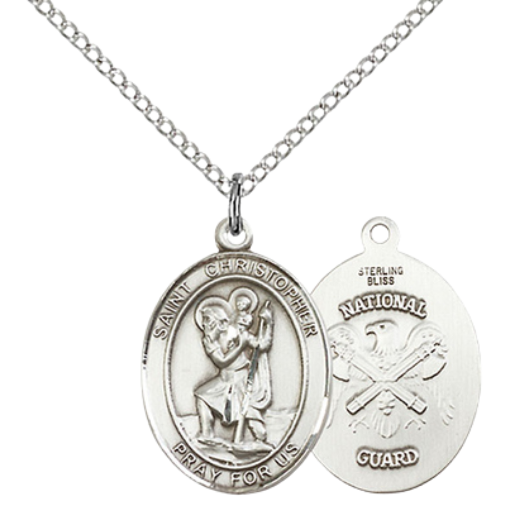 Medium Women's .925 Sterling Silver Saint St. Christopher National Guard Pendant Necklace on 18- Inch Rhodium Plated Lite Curb Brass Chain – Patron Saint St. of Travelers & Motorists, Catholic Medal – Velvet Gift Box Included