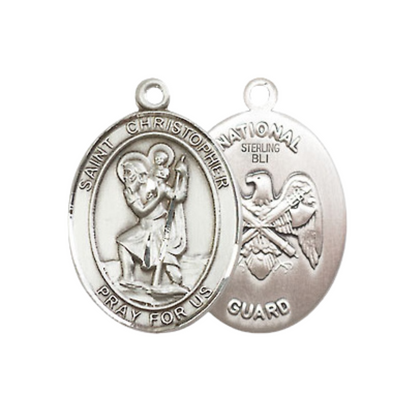 Medium Women's .925 Sterling Silver Saint St. Christopher National Guard Pendant Necklace on 18- Inch Rhodium Plated Lite Curb Brass Chain – Patron Saint St. of Travelers & Motorists, Catholic Medal – Velvet Gift Box Included
