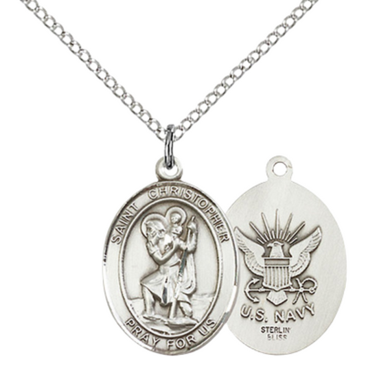 Medium Women's .925 Sterling Silver Saint St. Christopher Navy Pendant Necklace on 18- Inch Rhodium Plated Lite Curb Brass Chain – Patron Saint St. of Travelers & Motorists, Catholic Medal – Velvet Gift Box Included
