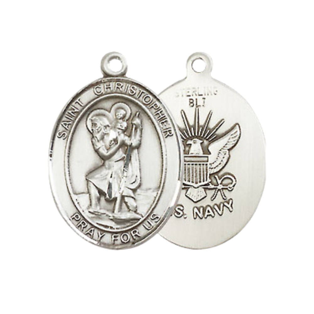 Medium Women's .925 Sterling Silver Saint St. Christopher Navy Pendant Necklace on 18- Inch Rhodium Plated Lite Curb Brass Chain – Patron Saint St. of Travelers & Motorists, Catholic Medal – Velvet Gift Box Included