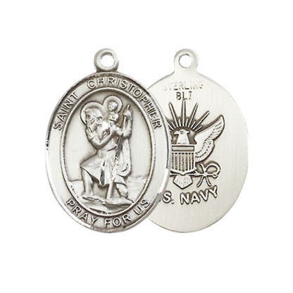 Medium Women's .925 Sterling Silver Saint St. Christopher Navy Pendant Necklace on 18- Inch Rhodium Plated Lite Curb Brass Chain – Patron Saint St. of Travelers & Motorists, Catholic Medal – Velvet Gift Box Included