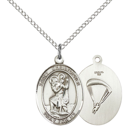 Medium Women's .925 Sterling Silver Saint St. Christopher Paratrooper Pendant Necklace on 18- Inch Rhodium Plated Lite Curb Brass Chain – Patron Saint St. of Travelers & Motorists, Catholic Medal – Velvet Gift Box Included
