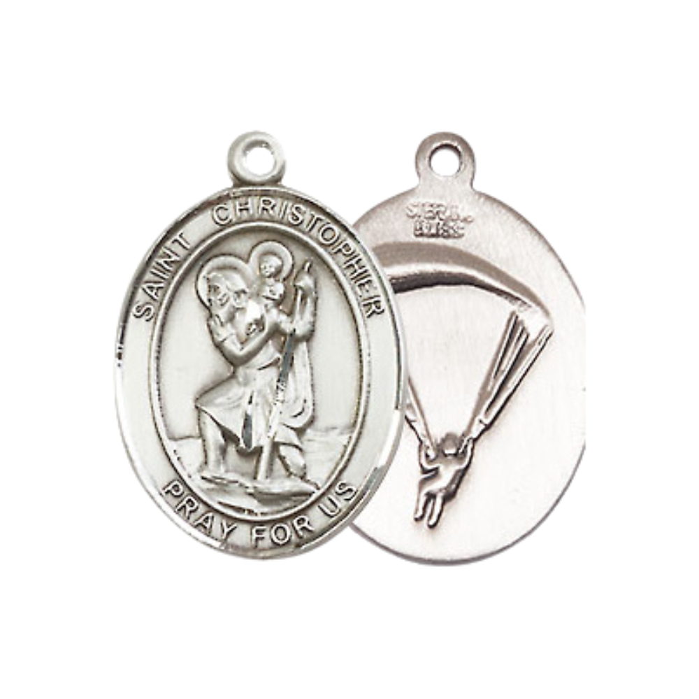 Medium Women's .925 Sterling Silver Saint St. Christopher Paratrooper Pendant Necklace on 18- Inch Rhodium Plated Lite Curb Brass Chain – Patron Saint St. of Travelers & Motorists, Catholic Medal – Velvet Gift Box Included