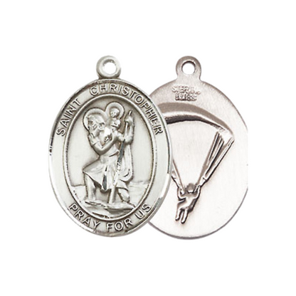 Medium Women's .925 Sterling Silver Saint St. Christopher Paratrooper Pendant Necklace on 18- Inch Rhodium Plated Lite Curb Brass Chain – Patron Saint St. of Travelers & Motorists, Catholic Medal – Velvet Gift Box Included