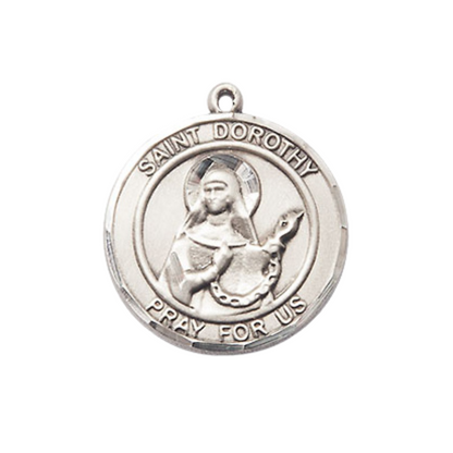 Medium Women's Pewter Saint St. Dorothy Medal Pendant on 18 Inch Rhodium Plated Lite Curb Brass Chain w/Lobster Claw clasp, Catholic Religious Necklace - Made in USA - Deluxe Velvet Gift Box