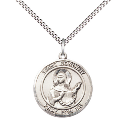Medium Women's .925 Sterling Silver Saint St. Dorothy Pendant Necklace – ¾” x ?” Medal on 18 Inch Rhodium- Plated Lite Curb Brass Chain with Lobster Claw Clasp, Catholic Medal - Patron Saint. of Florists & Brides – Velvet Gift Box