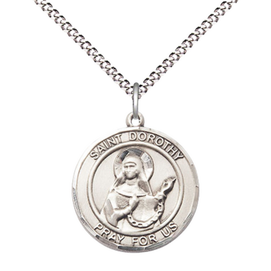 Medium Women's .925 Sterling Silver Saint St. Dorothy Pendant Necklace – ¾” x ?” Medal on 18 Inch Rhodium- Plated Lite Curb Brass Chain with Lobster Claw Clasp, Catholic Medal - Patron Saint. of Florists & Brides – Velvet Gift Box