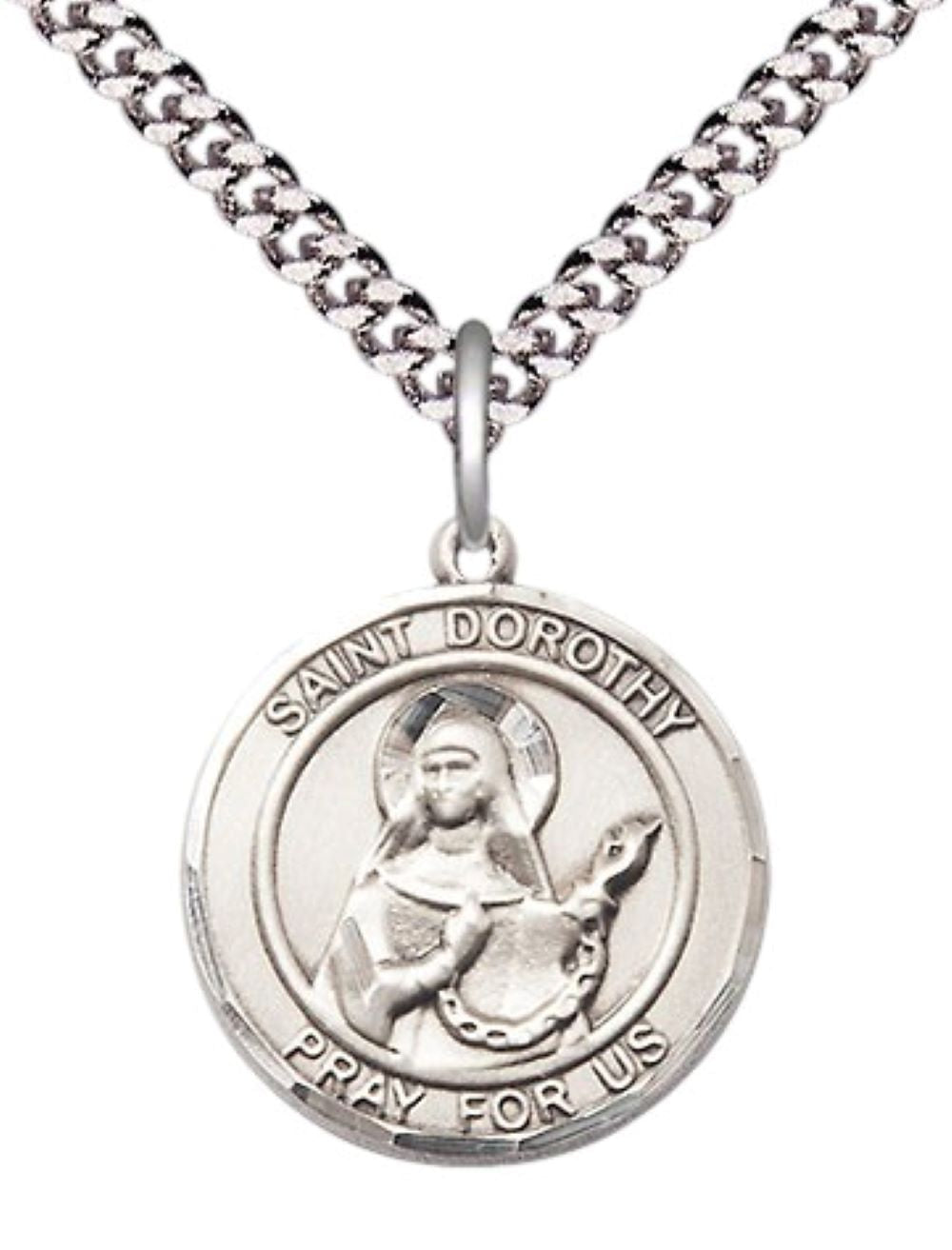 Everlasting Light Jewelry Medium Men's Pewter Saint St. Dorothy Medal Pendant on 24 Inch Endless Rhodium Plated Heavy Curb Brass Chain, Catholic Religious Necklace - Made in USA- Deluxe Velvet Gift Box