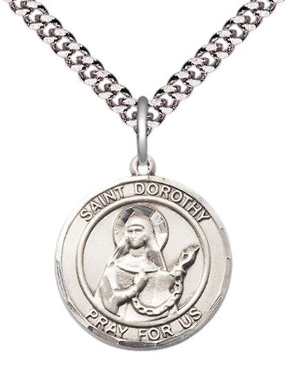 Everlasting Light Jewelry Medium Men's Pewter Saint St. Dorothy Medal Pendant on 24 Inch Endless Rhodium Plated Heavy Curb Brass Chain, Catholic Religious Necklace - Made in USA- Deluxe Velvet Gift Box
