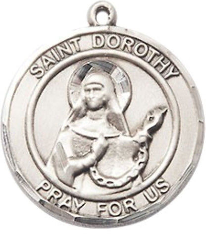 Everlasting Light Jewelry Mens Medium Round Pewter Saint St. Dorothy Medal Pendant on 24 Inch Rhodium Plated Heavy Curb Brass Chain with Lobster Claw Clasp, Catholic Religious Necklace- USA Made Gift Boxed
