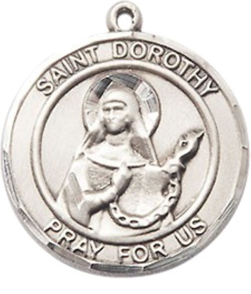 Medium Men's .925 Sterling Silver Saint Dorothy Medal Pendant on 24 Inch Endless Rhodium Plated Heavy Curb Brass Chain, Catholic Religious Necklace -Made in USA- Deluxe Velvet Gift Box