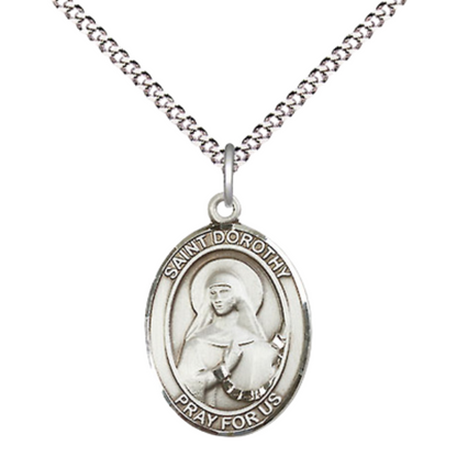 .925 Sterling Silver Saint St. Dorothy Medal Pendant on 18 Inch Rhodium Plated Lite Curb Brass Chain with Lobster Claw Clasp, Catholic Religious Necklace - Made in USA- Prayer Card Included