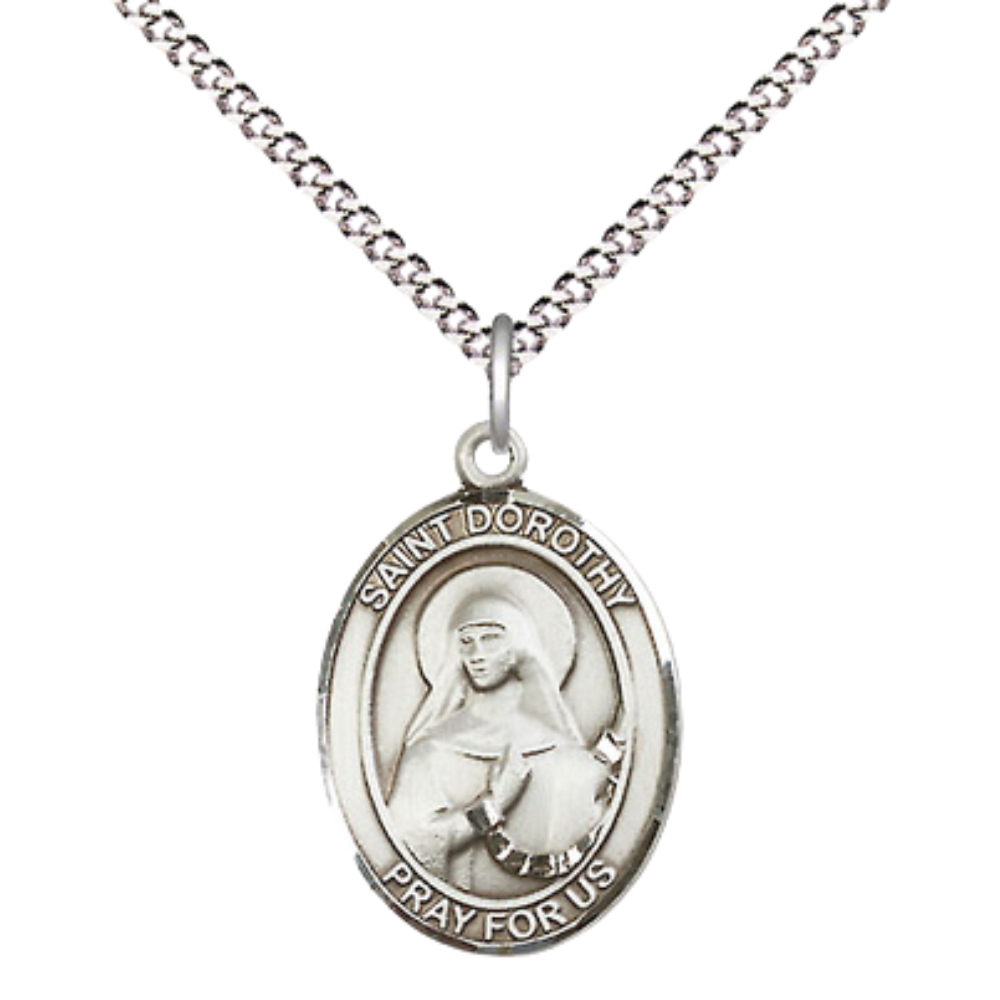 .925 Sterling Silver Saint St. Dorothy Medal Pendant on 18 Inch Rhodium Plated Lite Curb Brass Chain with Lobster Claw Clasp, Catholic Religious Necklace - Made in USA- Prayer Card Included
