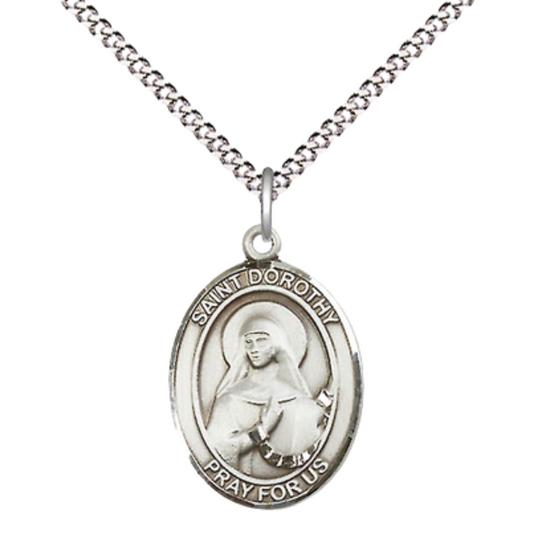 Everlasting Light Jewelry Women's Pewter Saint St. Dorothy Pendant Necklace on 18- inch Rhodium- Plated Lite Curb Brass Chain – Patron Saint St. of Florists and Brides – ¾ x ½ Medal, Catholic Medal – Velvet Gift Box Included