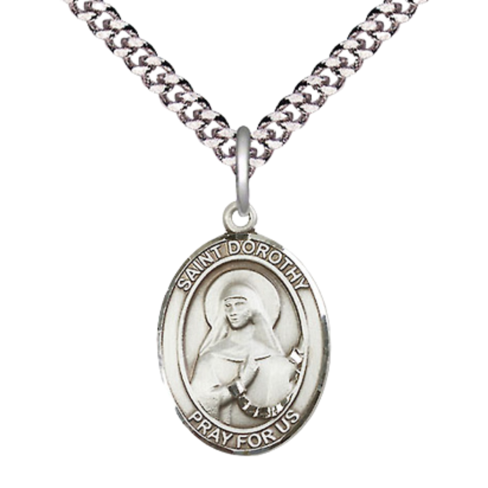 Everlasting Light Jewelry Medium Men's Pewter Saint St. Dorothy Medal Pendant on 24 Inch Endless Rhodium Plated Heavy Curb Brass Chain, Catholic Religious Necklace - Made in USA- Deluxe Velvet Gift Box